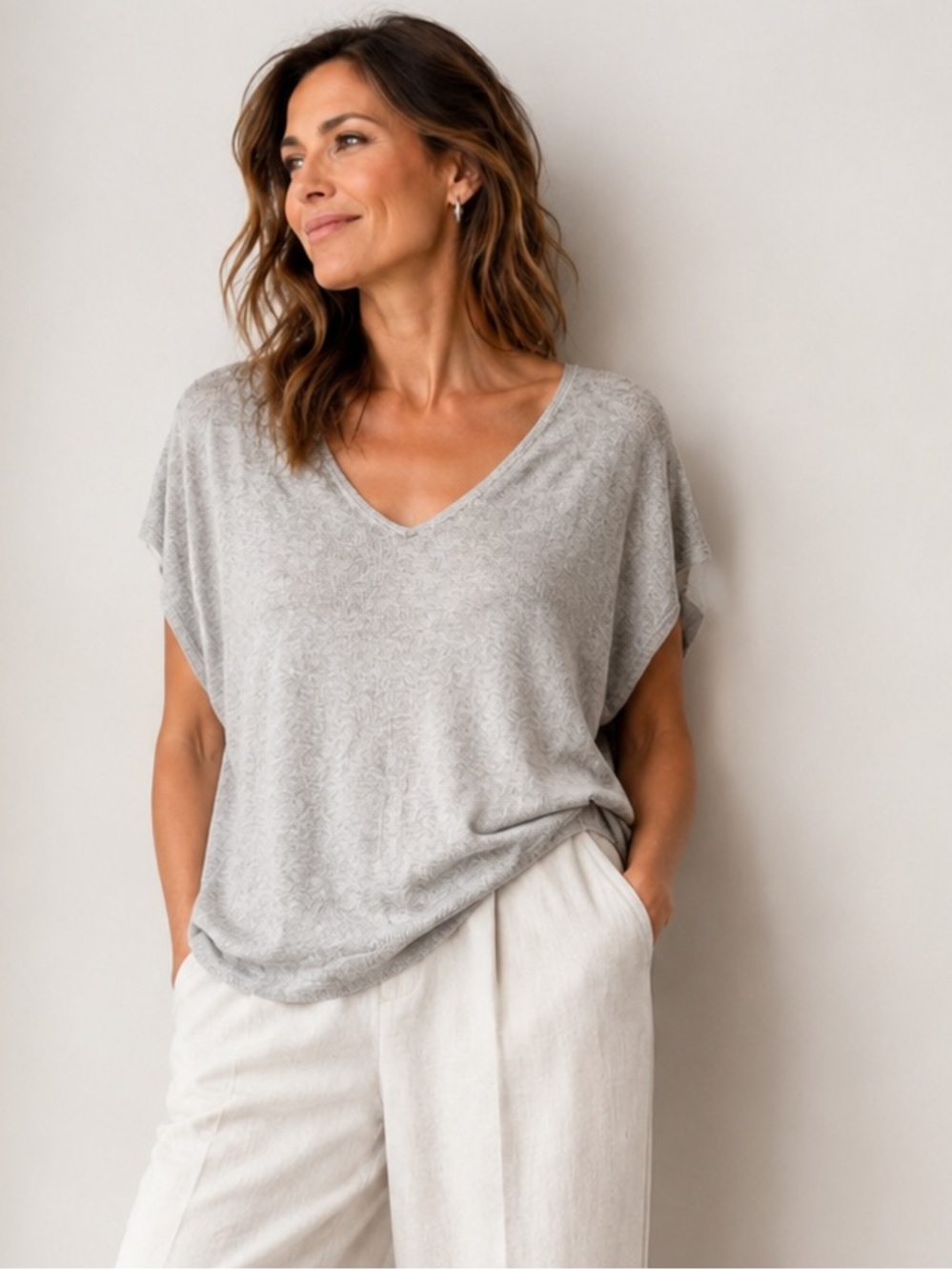 Magaschoni Lux Cotton Cashmere Blend V- Neck Dolman Knit Top Heather Gray Medium